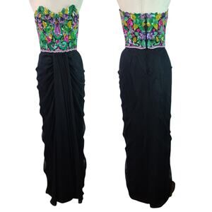 Victor Costa Vintage Black Green Pink Beaded Strapless Evening Dress Gown 10